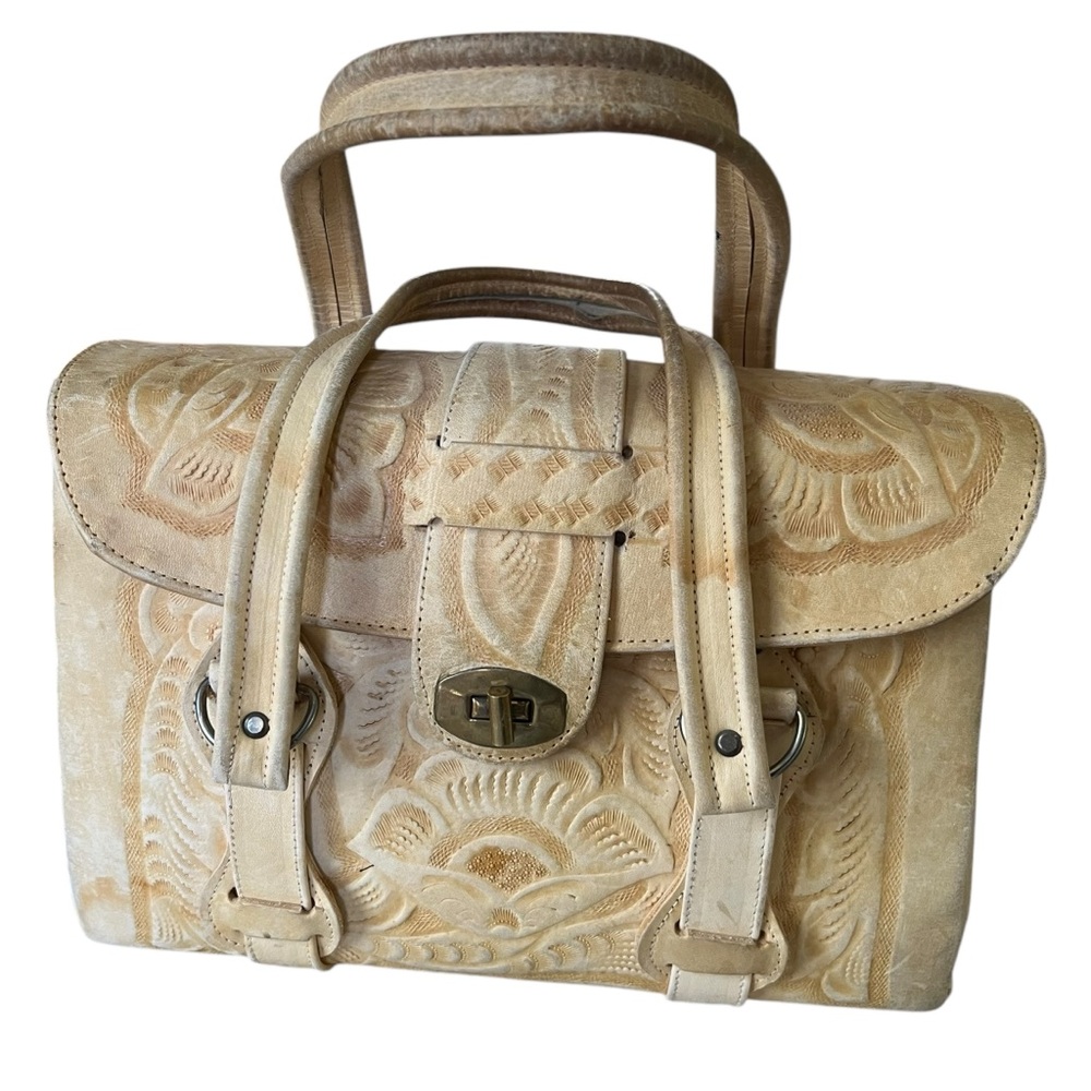 Classic Vintage Tan Leather Satchel with Floral Embossing